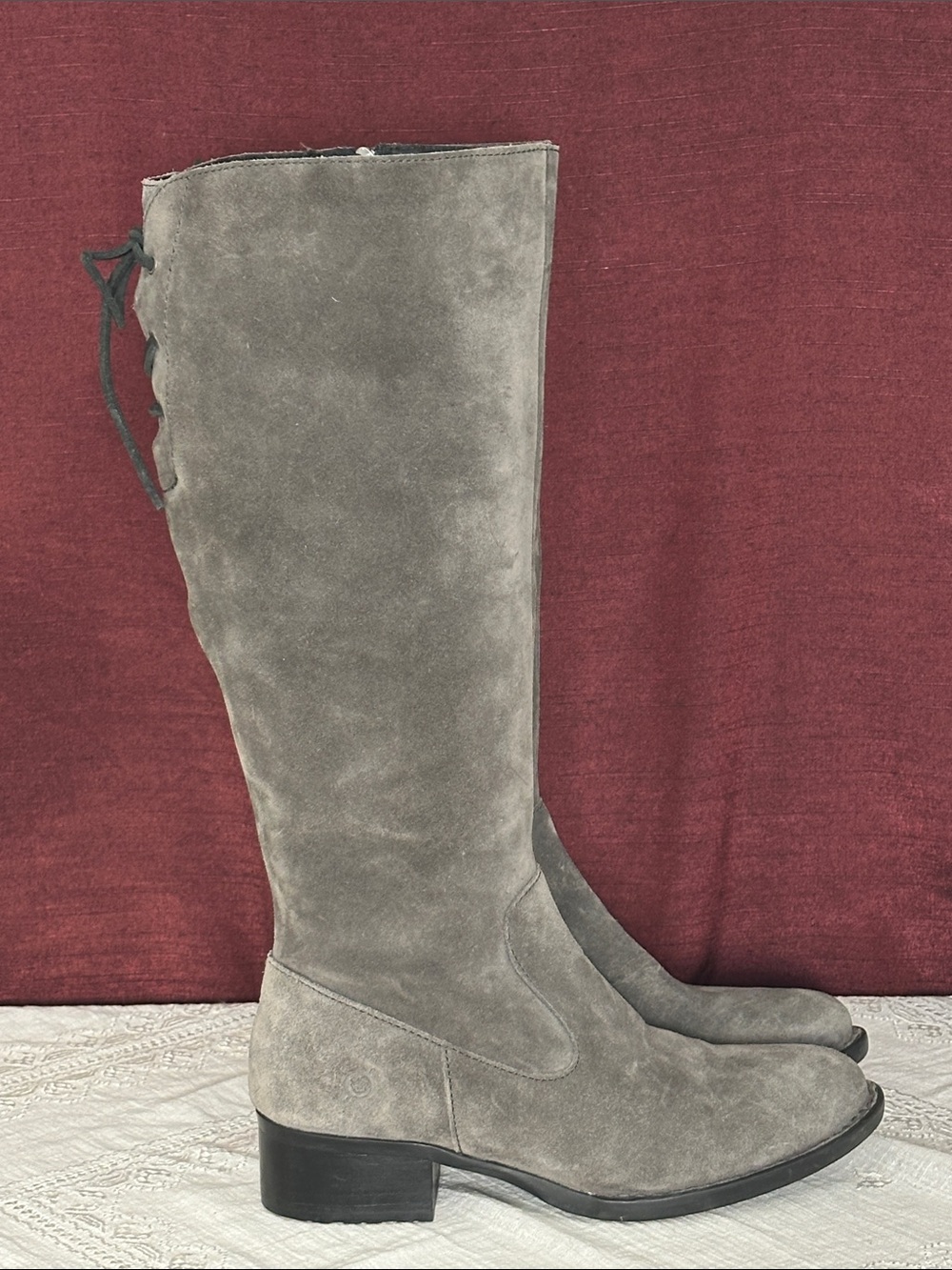 💗✨Born Felicia Gray Suede Leather Knee High Boots 7M Lace Back Boho🍁🍃